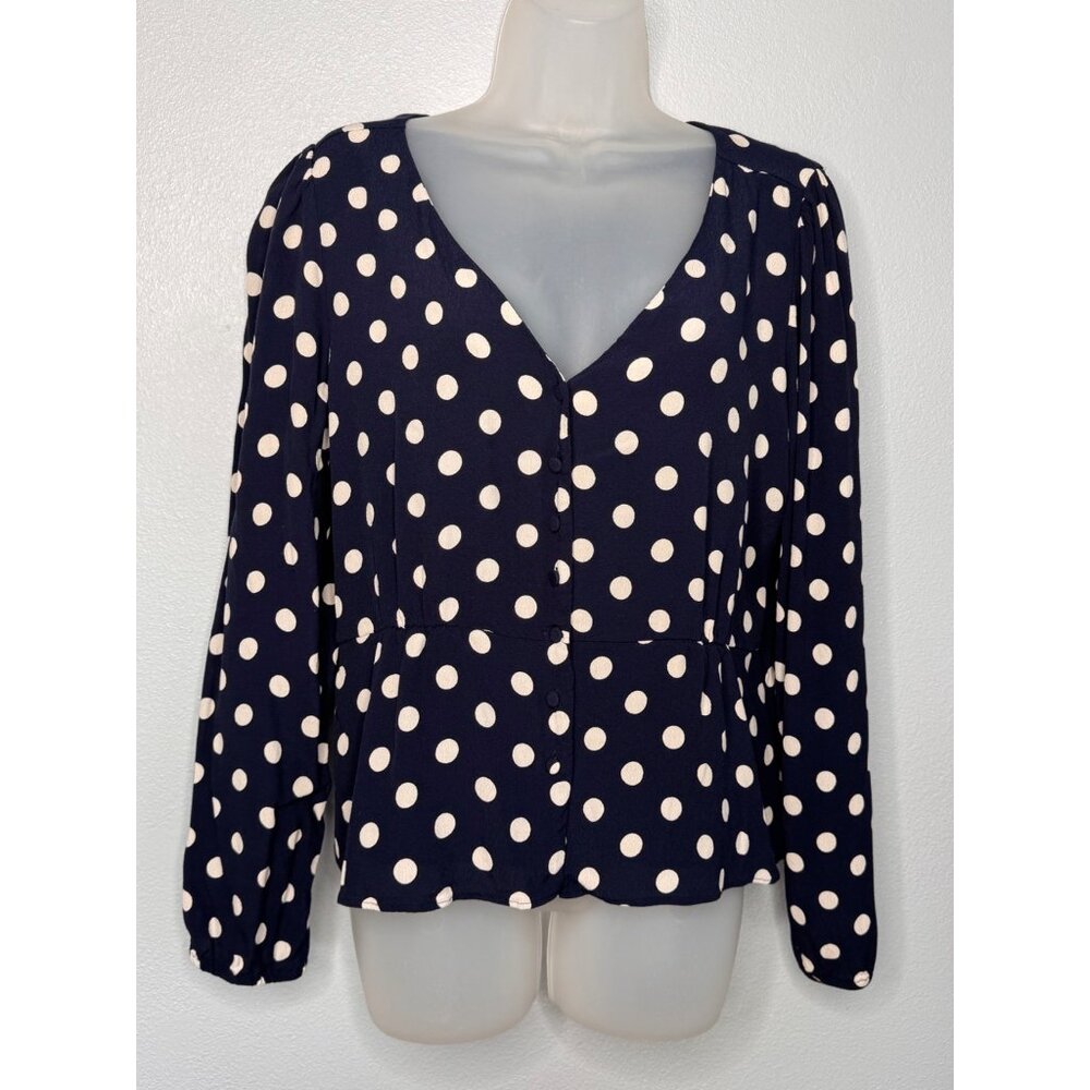 J.Crew Navy Blue & White Polka Dot Long Sleeve Blouse SZ 14 Classic - Picture 1 of 12
